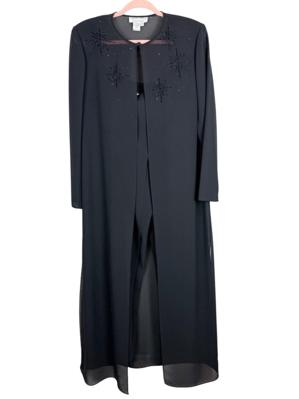 Vintage Adrianna Papell Evening Essentials Black‎ Beaded Duster Pants Set Medium